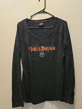 Harley-Davidson Black Long Sleeve Shirt with Orange Logo and Gray Skull